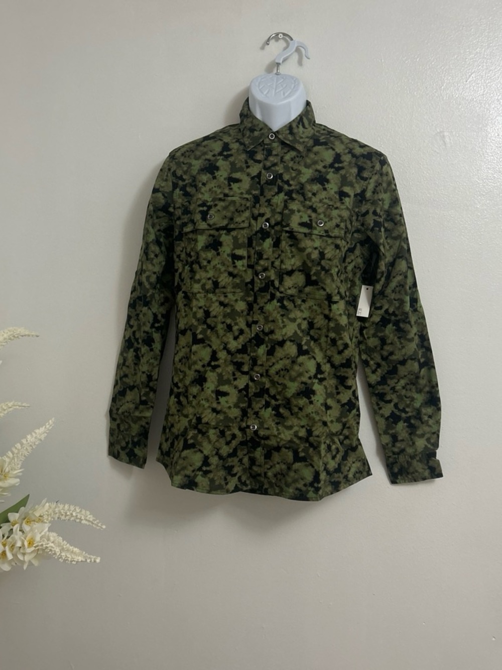 Amazon Essentials Green & Black Camouflage Button-Down Shirt